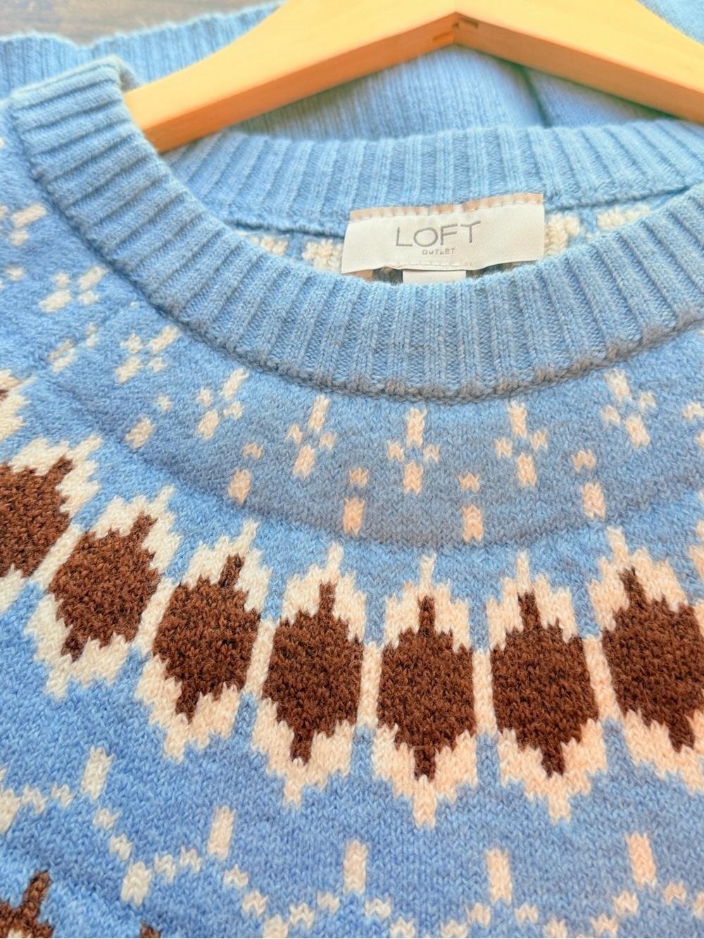 NEW LOFT Fair Isle Crewneck Sweater Sky Blue White Brown Women’s Size S - Picture 6 of 8